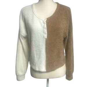 Hollister Color block Henley Crop Oversized Fuzzy Soft Sweater Womens Small